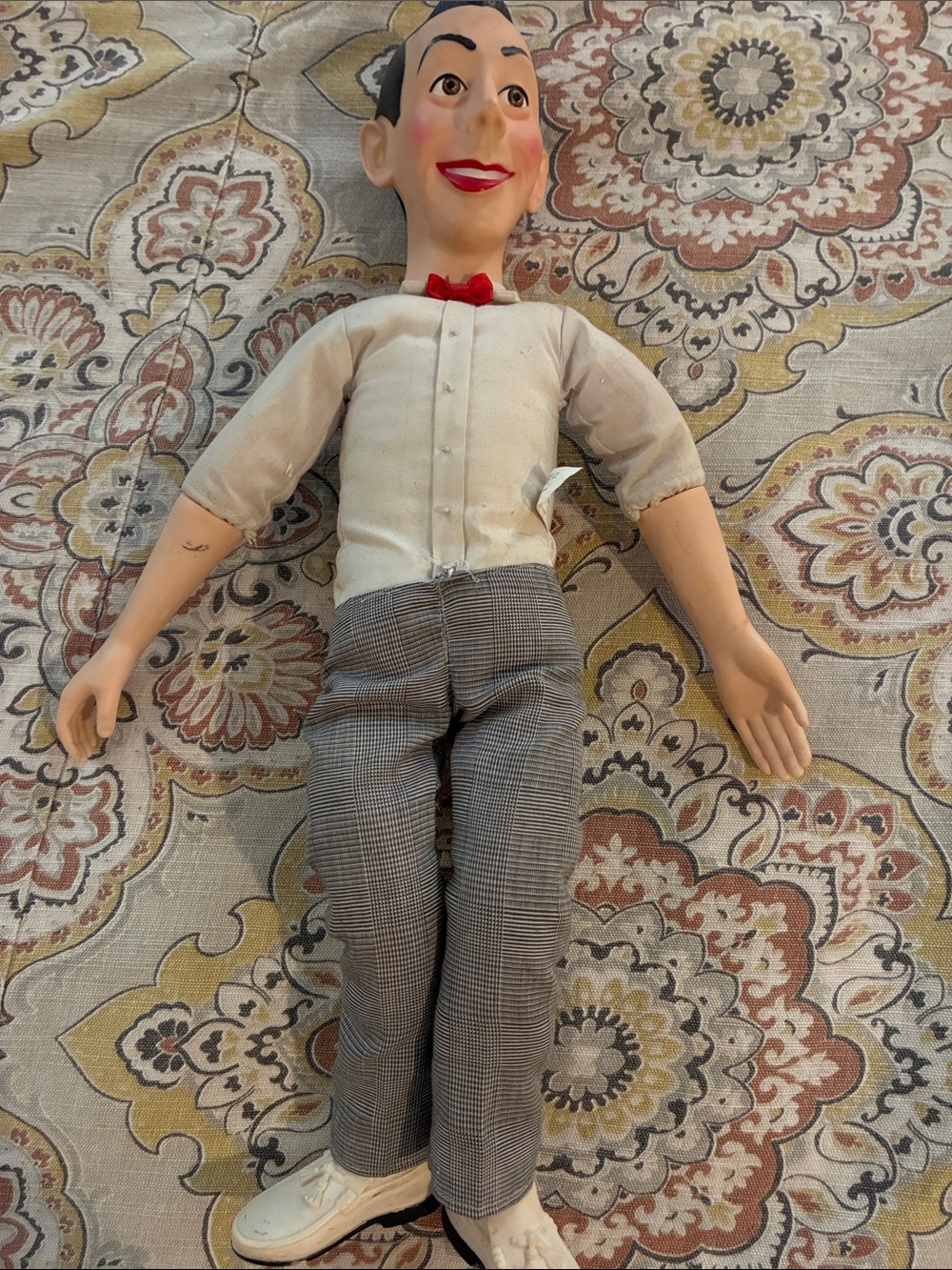 Vintage Pee Wee Herman doll with Red Bow Accent and Plaid Gray Pants